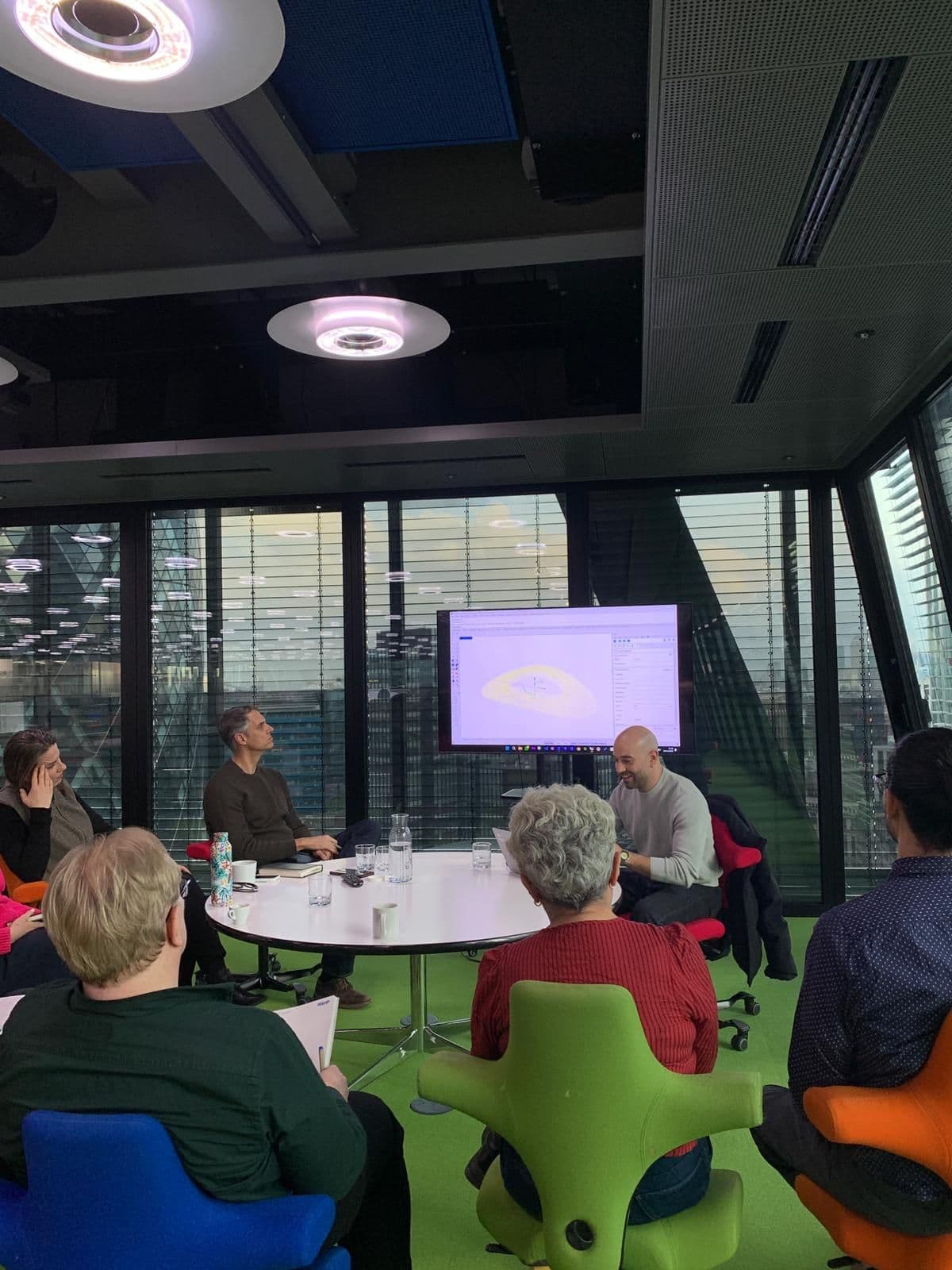 A working session with an architecture team in a high-rise meeting room.