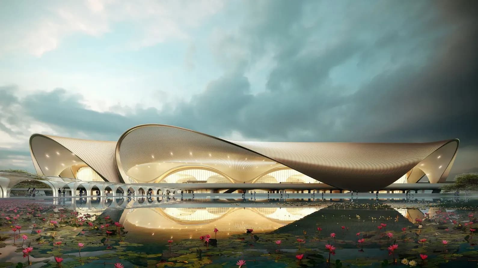 A sweeping freeform airport terminal roof over a reflecting lotus pond at dusk.