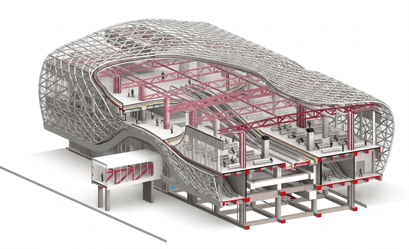 Sectioned BIM model of an airport terminal: gridshell envelope, primary steel trusses and the concrete structure below.