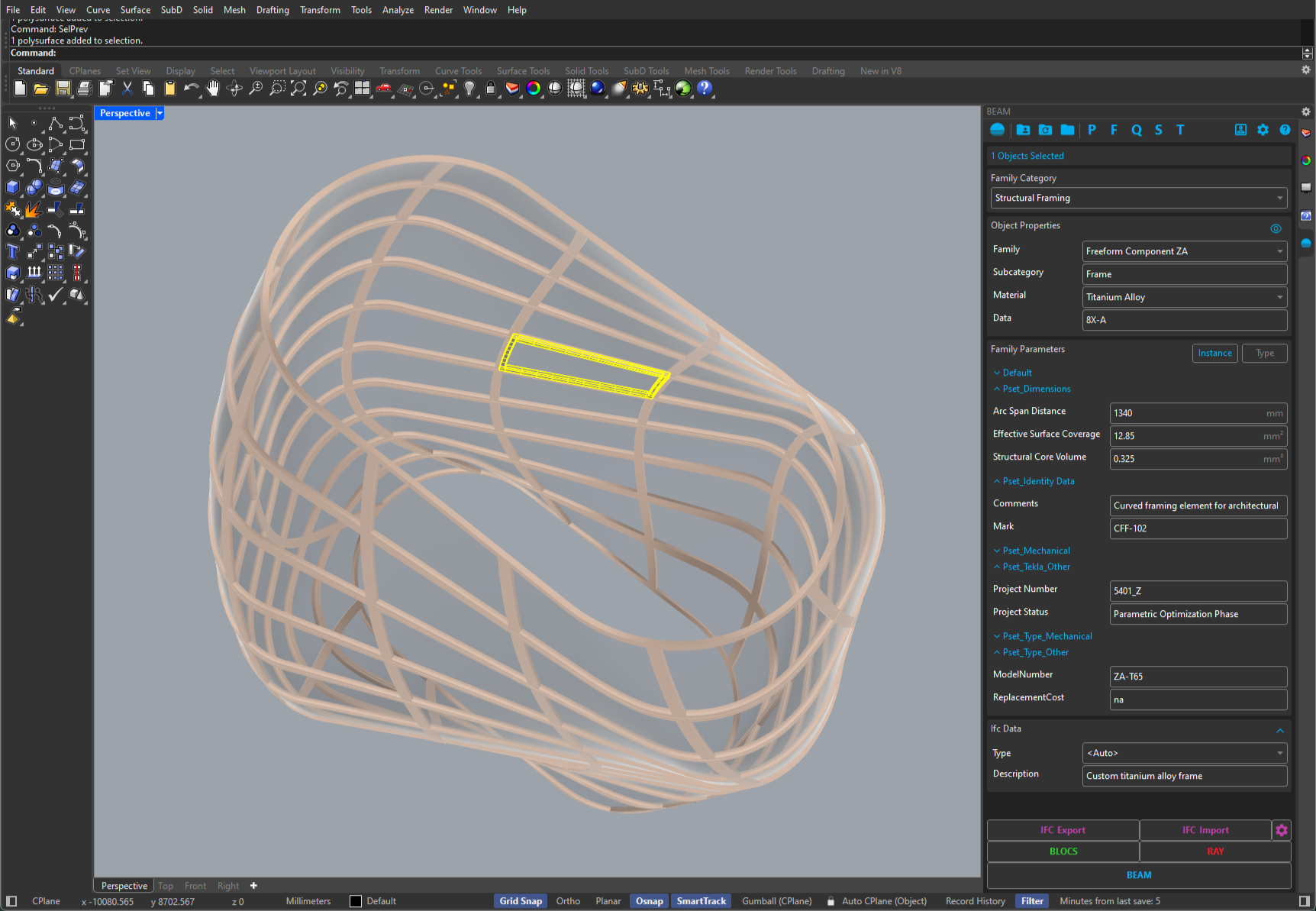 The BEAM panel in Rhino: a freeform titanium gridshell with one framing element selected, and the BEAM panel showing its family category, family, material, family parameters and IFC data.