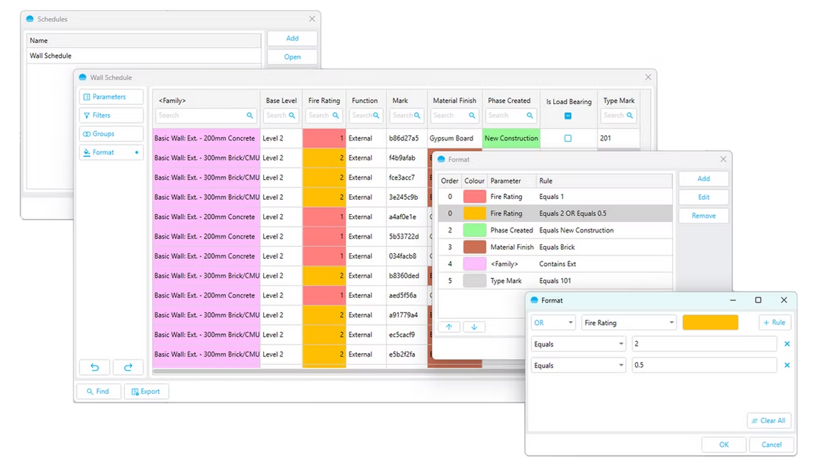 BEAM Schedules in Rhino: a Wall Schedule with colour-coded fire-rating rules, the Schedules manager and Format rule dialogs.