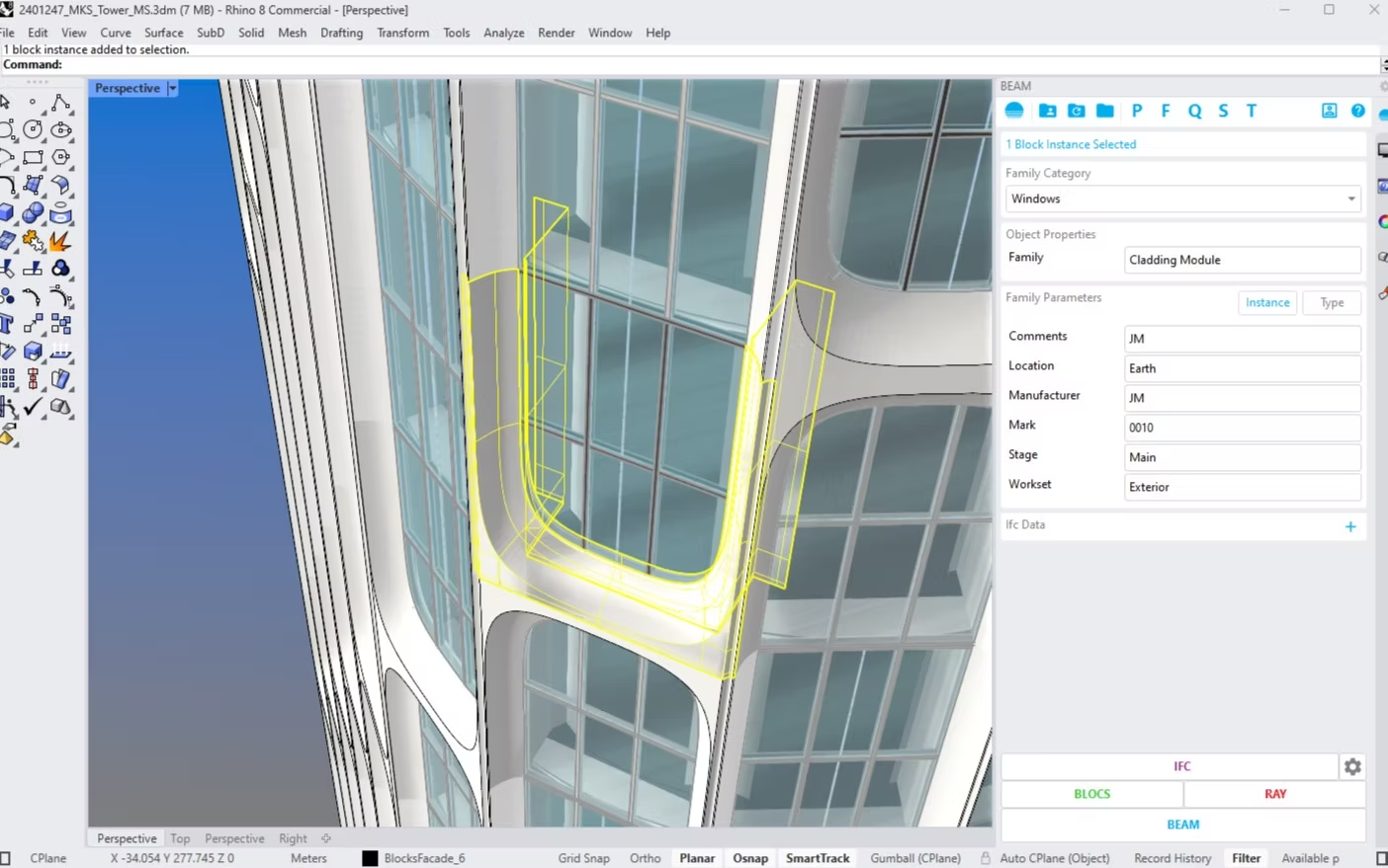 Rhino viewport showing a tower façade with a selected cladding-module block.