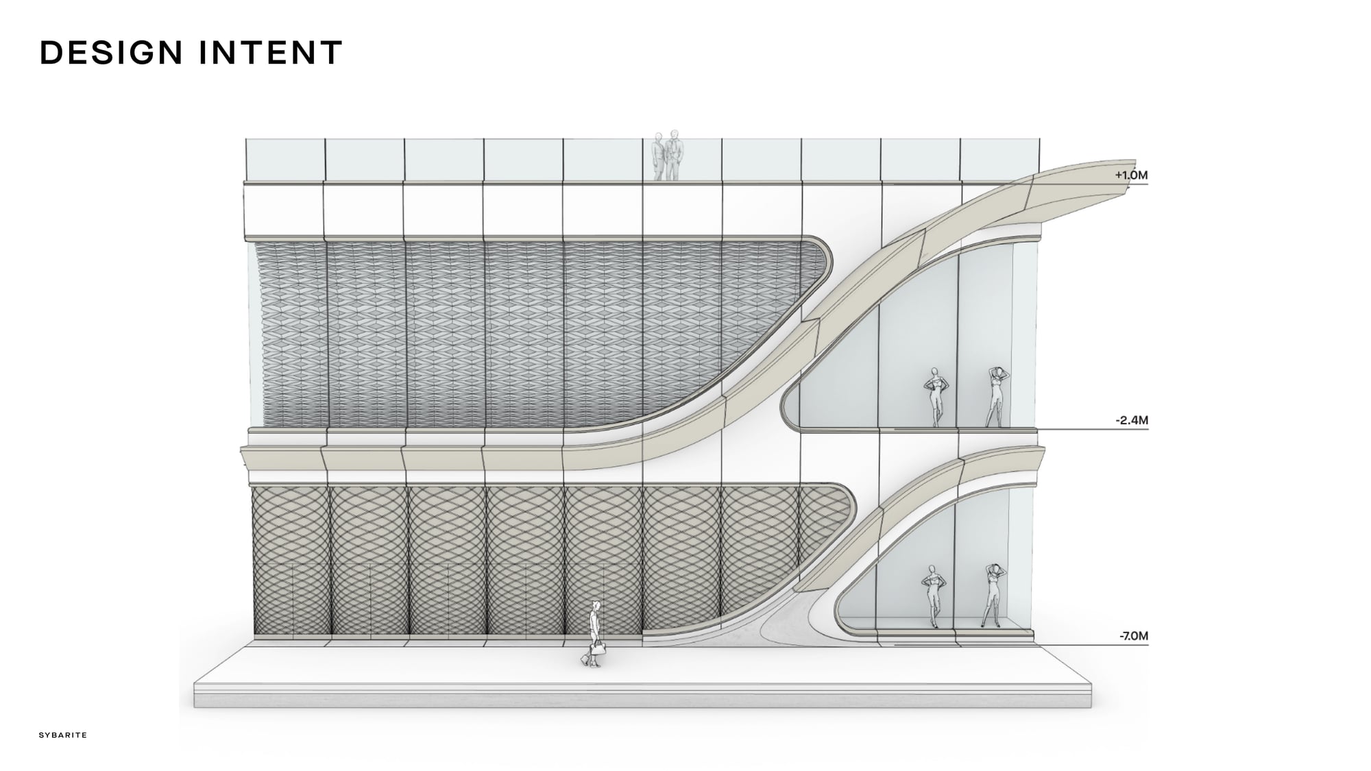 A design-intent elevation showing a diamond-patterned surface across multiple retail levels.