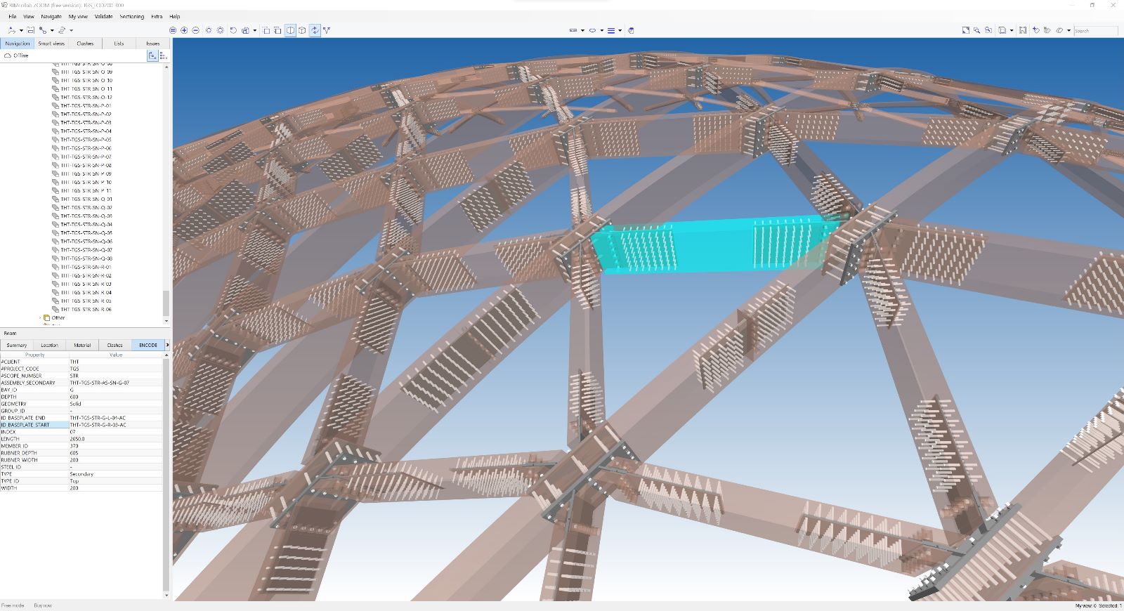 A BIMcollab ZOOM model of the gridshell with the ENCODE property panel open, showing fabrication metadata for a selected steel member.