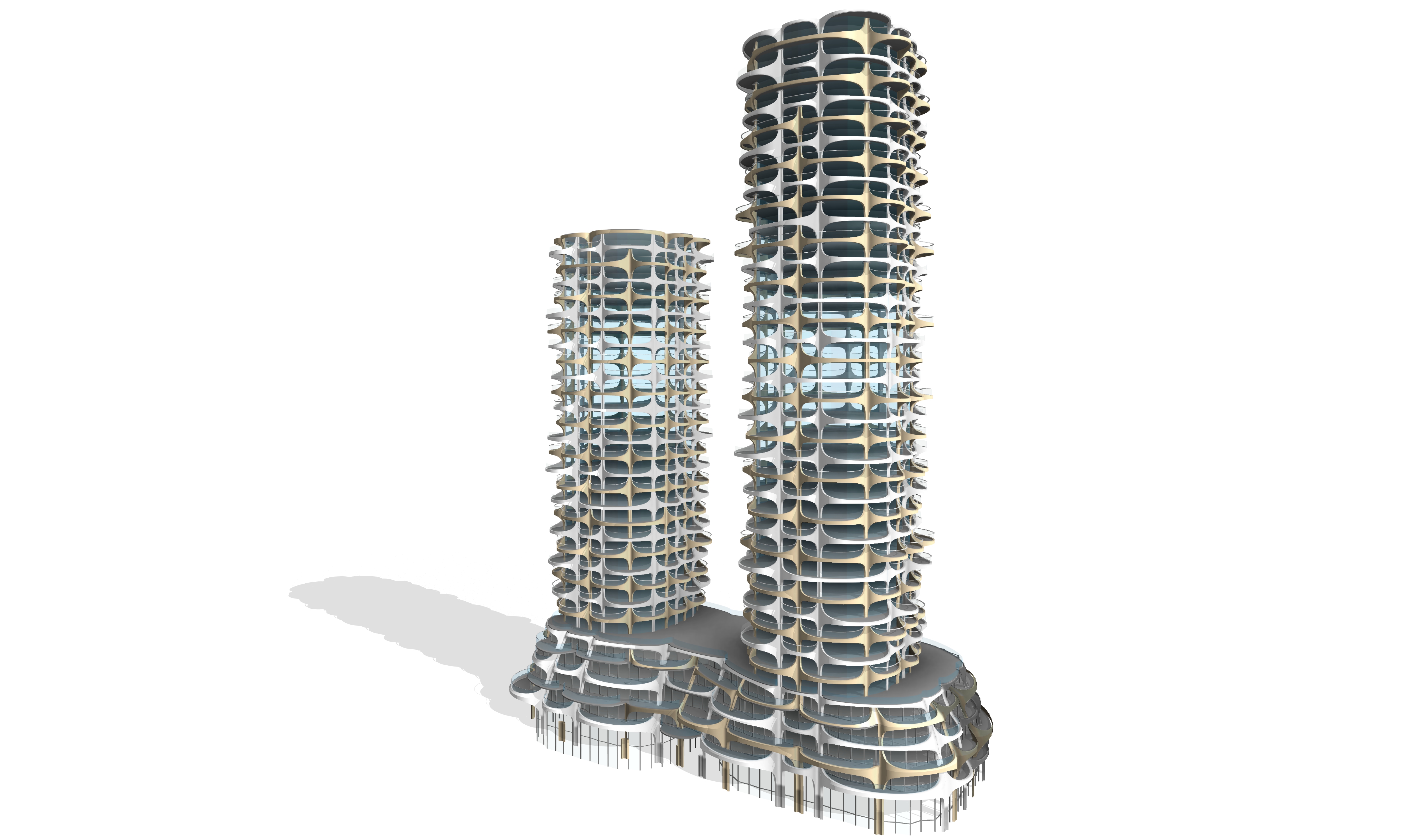 Twin curved residential towers with stacked elliptical terraces rising from a sculpted podium, modelled in Rhino.