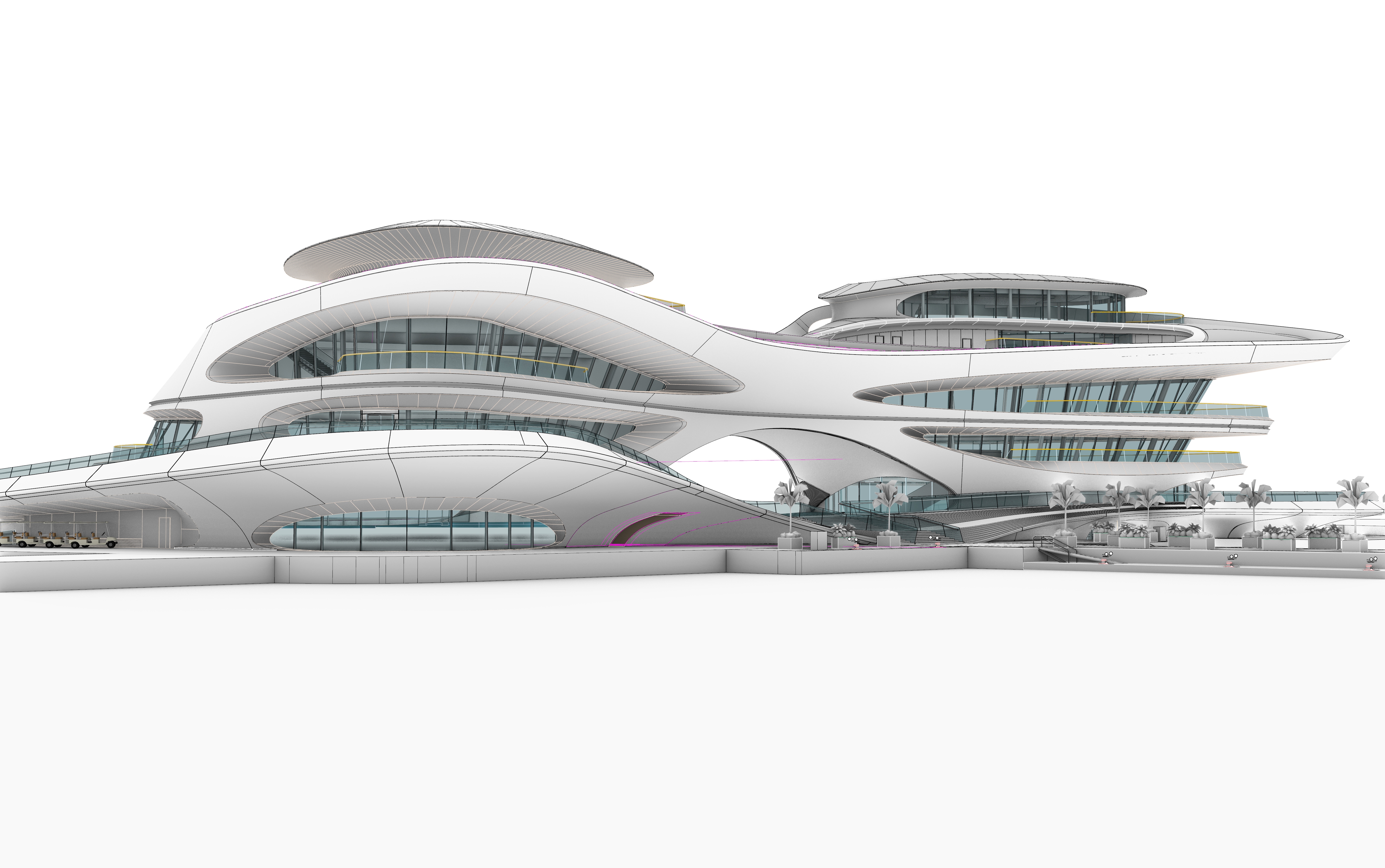 A clean white 3D model elevation of the marina clubhouse showing its stacked, sweeping deck surfaces.