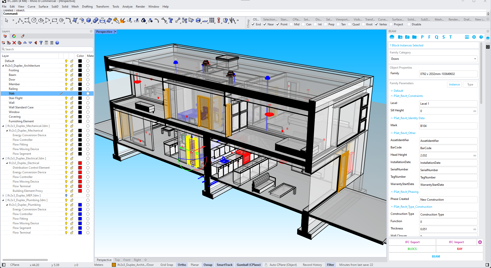 An IFC duplex building model opened in Rhino through BEAM, with architecture, structure and MEP layers.