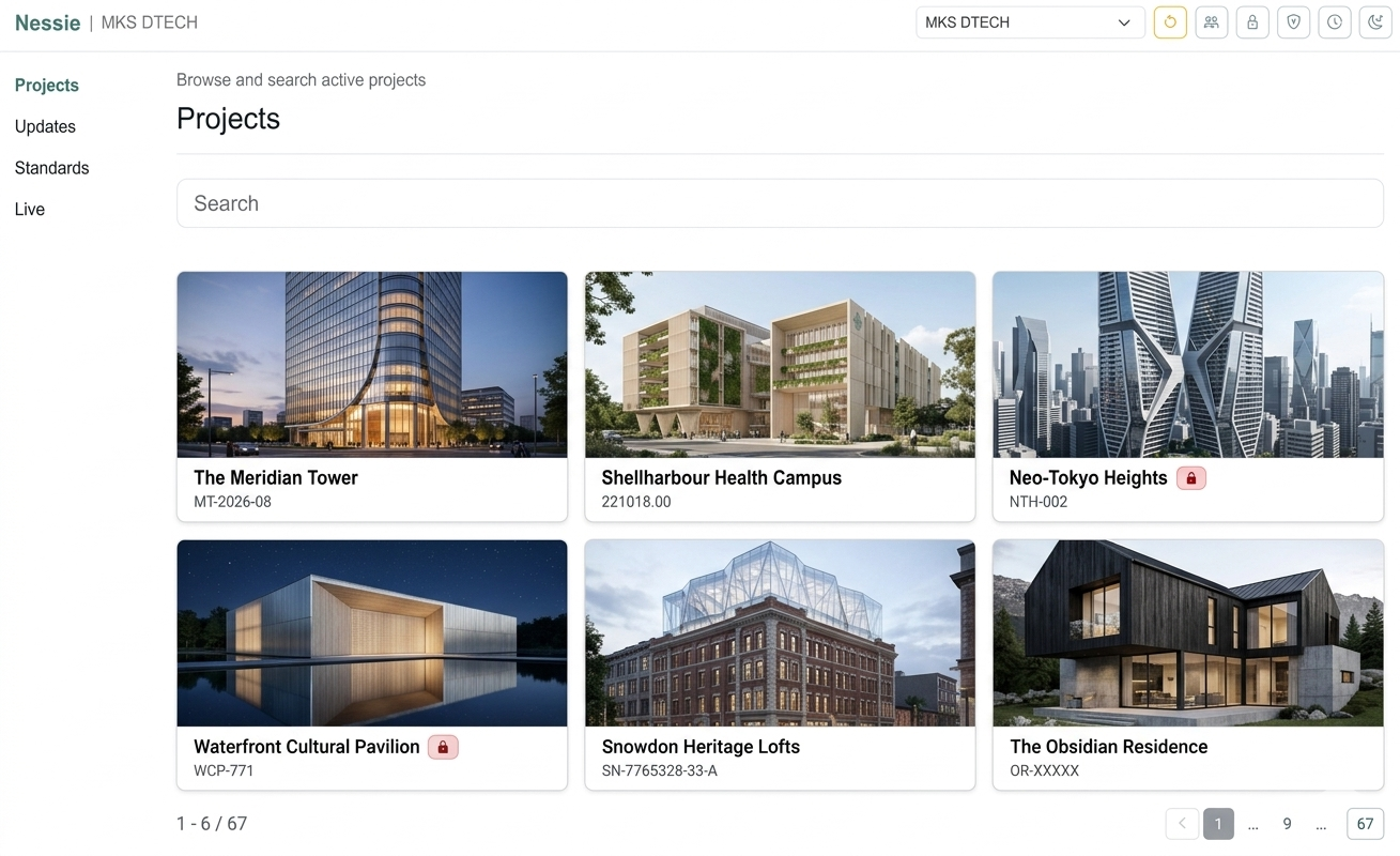 The Nessie projects view: a searchable grid of active projects with thumbnails, project numbers and access badges.
